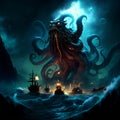 Fantasy sea battle scene. Silhouette of a pirate ship and octopus at night. 3D Rendering Generative AI Royalty Free Stock Photo