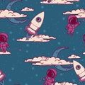 Fantasy seamless background for sweet dreams with doodle moons, clouds, astronauts and old fashioned rockets Royalty Free Stock Photo