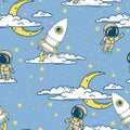 Fantasy seamless background for sweet dreams with doodle moons, clouds, astronauts and old fashioned rockets Royalty Free Stock Photo