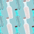 Fantasy seamless doodle pattern with pastel pink and blue elixir bottles. Blue background