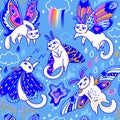 Seamless pattern with unique kawaii cats moths. Vector illustration