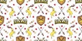 Fantasy seamless pattern. Shield with oleenbmi horns. Crown baptized swords. Sign of the great house. Horned animals deer. Vector