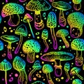 Fantasy seamless vector pattern of rainbow psilocybin mushrooms. Beautiful wallpaper of hallucinogenic mushrooms in acid colors