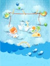 Fantasy seascape with flying birds with hanging stickers