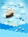 Fantasy seascape with flying ship and fishes