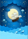 Fantasy seascape with flying vessel and full moon