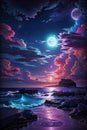 Fantasy seascape. Night sky with clouds and moon. 3d rendering Royalty Free Stock Photo
