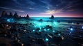 Fantasy seascape, Night view of the ocean, glowing sea, Beautifully starry night sky, dreamy atmosphere