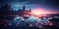 Fantasy seascape, Night view of the ocean, glowing sea, Beautifully starry night sky, dreamy atmosphere