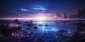 Fantasy seascape, Night view of the ocean, glowing sea, Beautifully starry night sky, dreamy atmosphere