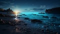 Fantasy seascape, Night view of the ocean, glowing sea, Beautifully starry night sky, dreamy atmosphere Royalty Free Stock Photo