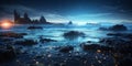 Fantasy seascape, Night view of the ocean, glowing sea, Beautifully starry night sky, dreamy atmosphere