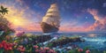 Fantasy seascape with ship, panorama. Generative AI