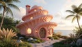 Whimsical Pink Seashell House by the Ocean with Palm Trees at Sunset Royalty Free Stock Photo