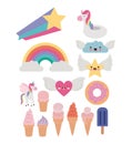 Fantasy set of donut and cloud and heart and star with wings and rainbow and inflatable unicorn and ice creams in white Royalty Free Stock Photo