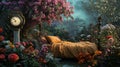 Fantasy setting with bed among blossoming flowers and floating clock., Generated AI Royalty Free Stock Photo
