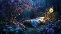 Fantasy setting with bed among blossoming flowers and floating clock,. Generated AI Royalty Free Stock Photo