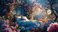 Fantasy setting with bed among blossoming flowers and floating clock., Generated AI Royalty Free Stock Photo