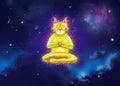 Fantasy shining yellow cat in meditation