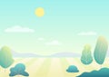 Fantasy simple cartoon summer field with tree, modern gradient nature vector illustration. Royalty Free Stock Photo