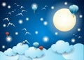 Fantasy sky with full moon, birds, balloon and lights.