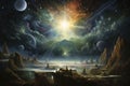 Fantasy Space Landscape with Multiple Moons and Sunlight