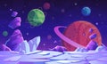 Fantasy space scene. Extraterrestrial landscape with colorful vivid planets, craters, stars and comet fantastic world
