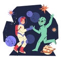 Fantasy space theme banner with child cosmonaut meeting alien, vector isolated.