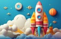 Fantasy spaceship rocket flies in space to unexplored stars and galaxies, science fiction and astronomy concept