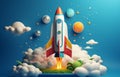 Fantasy spaceship rocket flies in space to unexplored stars and galaxies, science fiction and astronomy concept
