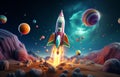 Fantasy spaceship rocket flies in space to unexplored stars and galaxies, science fiction and astronomy concept