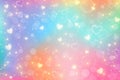 Fantasy stars unicorn abstract background with stars and hearts. Purple rainbow sky with glitter. Pastel color candy