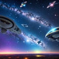 Fantasy starships in colorful space - AI generated Royalty Free Stock Photo