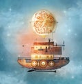 Fantasy steampunk airship flies in a starry sky Royalty Free Stock Photo