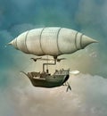 Fantasy steampunk airship travelling up in the air