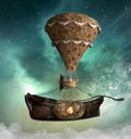 Fantasy steampunk airship taking an old boat Royalty Free Stock Photo