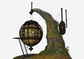 Steampunk house hanging on a rock in a white background. Royalty Free Stock Photo