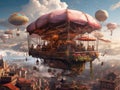 Fantasy Steampunk landscape of flying cafe