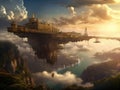 Fantasy Steampunk landscape of flying castle