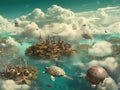 Fantasy Steampunk landscape of flying cities and turtles