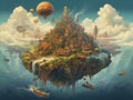 Fantasy Steampunk landscape of flying island city