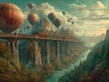 Fantasy Steampunk landscape of railroad and balloons