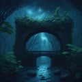 Fantasy Stone Bridge Fairytale Dark Forest Night With Mist And Clouds Over River Water With Reflection Generative Ai Royalty Free Stock Photo