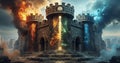 Fantasy Stone Castle Under Siege with Fire and Ice Elements Royalty Free Stock Photo