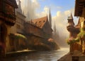 fantasy storybook type illustration of a medieval town alone a river with ancient buildings and the towers in the background.