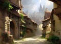 fantasy storybook type illustration of a medieval town with ancient buildings and the towers of a castle in the background. Royalty Free Stock Photo