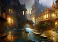 fantasy storybook type illustration of a medieval town at night with ancient buildings illuminated by lights surrounding a river. Royalty Free Stock Photo