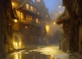 fantasy storybook type illustration of a medieval town at night with ancient buildings and the towers of a castle in the Royalty Free Stock Photo