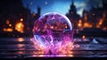 Fantasy style plasma ball. Multi-colored lightning in a glass sphere. Shining energy in the ball. Glass ball on the table. Magic Royalty Free Stock Photo
