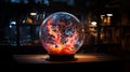 Fantasy style plasma ball. Multi-colored lightning in a glass sphere. Shining energy in the ball. Glass ball on the table. Magic Royalty Free Stock Photo